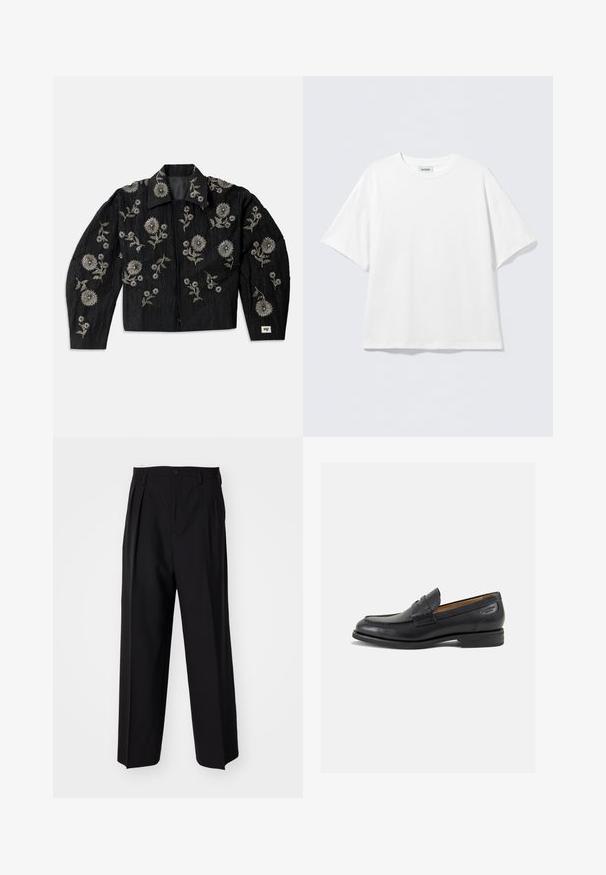 Svart jacka med intrikata silverblommor broderade, kort design, långa ärmar och spetsig krage, med en texturerad tygfinish.; Vit t-shirt med korta ärmar i bomull med rund halsringning och avslappnad passform. Inga synliga mönster eller detaljer. Enkel design.; Svarta plisserade byxor med en rak, bred bendesign. Tillverkade av ett slätt tyg, med knäppning fram och bälteshällor.; Svarta läder loafers med en slät ytfinish, rund tå och dekorativ sömnad på vampen. Låg staplad klack och lätt glans.