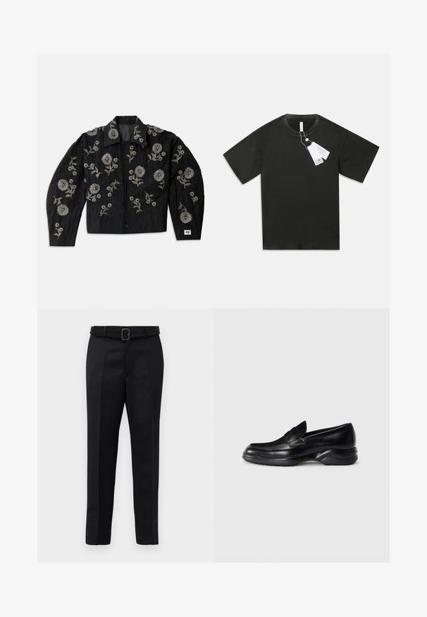 Juodas švarkas su sudėtingu sidabriniu gėlių siuvinėjimu, trumpa iškirpte, ilgomis rankovėmis ir smailiu apykakle, turintis tekstūruotą audinio paviršių.; Juoda trumpomis rankovėmis medvilninė marškinėlių su apvaliu kaklu, su prisegtomis baltomis produkto etiketėmis, kabojo ant paprasto balto fono.; Juodos pritaikytos kelnės turi lygią medžiagą, tiesų kirpimą ir diržą su stačiakampiu sagtimi. Išskirtiniai priekiniai raukšliai pagerina dizainą.; Juodi odiniai loaf'eriai su žemu, tekstūruotu guminiu padu ir siuvinėtu dizainu viršuje. Ypatumai: apvalus pirštas ir minimalus papuošimas.