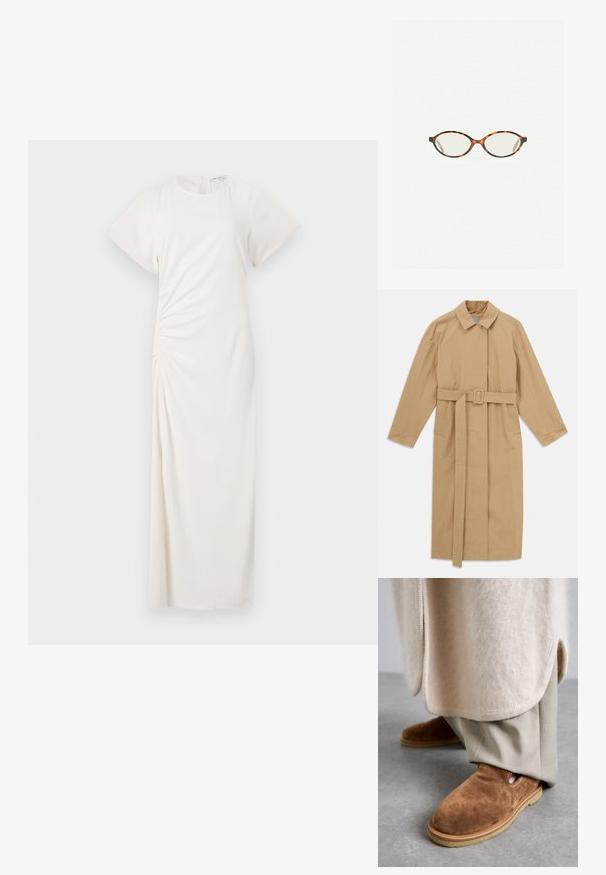 Beige lange trenchcoat met brede kraag, lange mouwen, riem met gesp in de taille en zijzakken, plat gelegd op een witte achtergrond.; Lichtgrijze cardigan van zacht materiaal, met een ronde hals, lange mouwen en vijf knopen aan de voorkant. Verkorte zoom.; Witte jurk met korte mouwen, ronde halslijn en ruches aan de zijkanten; gladde stof met een vloerlange silhouet.; Bruine suède instap schoenen met een ronde neus, rubberen zool en uitsnijdingen aan de zijkant, gecombineerd met lichtbeige op maat gemaakte broeken.; Kattenoogbril met ovale lenzen en een strakke, gladde afwerking. Heeft dunne zijkanten met een subtiele kromming bij de slapen. Transparante lenzen.