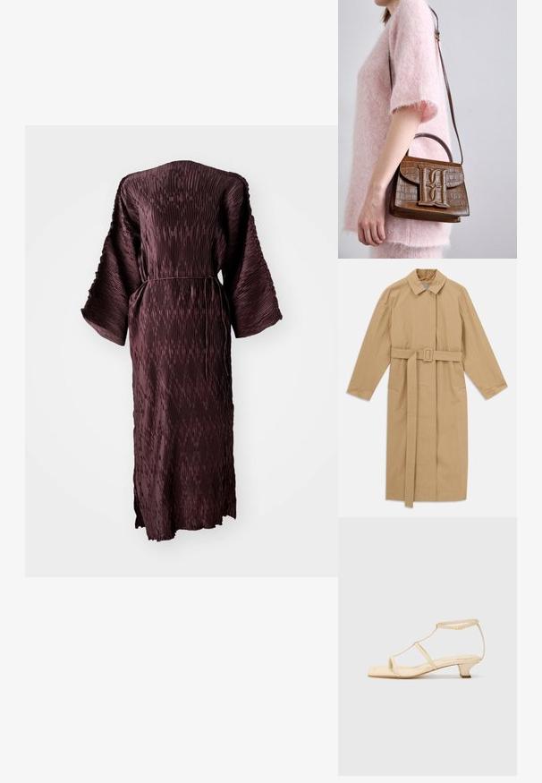 Bezkrāsu garais trencs ar plašu apkakli, garām piedurknēm, jostu ar sprādzi viduklī un sānu kabatām, izlikts uz baltas fona.; Gariežu piedurkņu, teksturēts tumši bordo kleita ar platām piedurknēm un šauru jostu viduklī, izstādīta uz balta fona.; Bēša krāsas augstpapēžu čības ar T formas siksnu dizainu, kvadrātveida purngalu, regulējamu potītes siksniņu un zemu blokveida papēdi. Gluda ādas materiāls.; Brauns krokodila raksturs somiņa ar augšējo rokturi un plecu siksnu. Priekšējā klapā ir izcils logotips. Mīksta tekstūra.