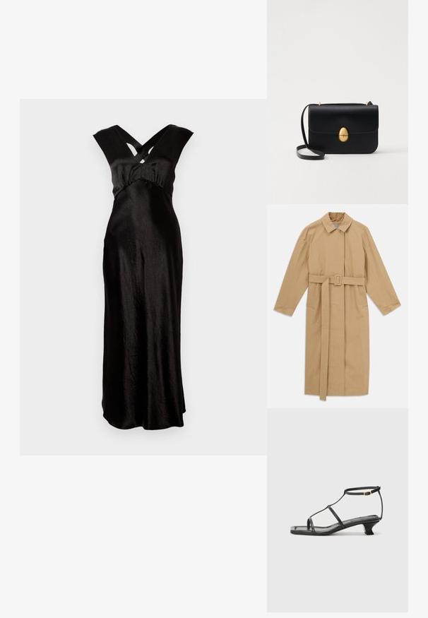 Liivige beež pika trench-kate koos laia krae, pikkade varrukate, vööga, millel on klamber, taljes ja küljetaskud, asetatud valgele taustale.; Must must dress, mille pikkusega, millel on ristkülikukujuline V-kaelus ja laiad rihmad. Sile tekstuur ja minimaalne kaunistus.; Must värviline nahk sandaal ruudukujulise varbaga, õhukeste rihmadega, kohandatava pahkluu rihmaga ja madala kandaga. Rihmal on väike kuldne aktsent.; Must kase nahast käekott, millel on struktureeritud ristkülikukujuline kuju. Omab kuldset ovaalset lukku ja õhukest õlavarre rihma. Sile tekstuur.