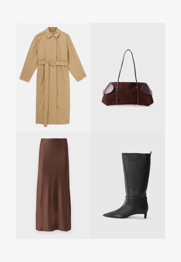 Beige long trench coat with wide collar, long sleeves, belt with buckle at waist, and side pockets, laid flat on white background.; Long-sleeve, lightweight burgundy turtleneck sweater with a semi-sheer knit texture, displayed flat on a white background.; Brown satin midi skirt with a smooth texture, featuring a straight cut and no visible patterns or embellishments. Simple and elegant design.; Black leather knee-high boot with a pointed toe, accented by a circular strap around the ankle and a low, tapered heel. Smooth texture.; Brown suede bag with leather accents, structured shape, dual shoulder straps, and rounded edges, featuring a smooth texture and minimal hardware.