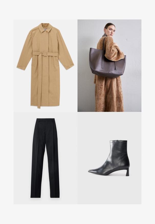 Casaco trench longo bege com gola larga, mangas longas, cinto com fivela na cintura e bolsos laterais, disposto em plano sobre fundo branco.; Suéter de gola alta de cor creme, feito de um tecido de malha suave, com mangas longas e detalhes canelados na gola e nos punhos.; Calças pretas feitas de um tecido suave, com uma cintura alta, pernas largas, pregas frontais e passadores de cinto clássicos. Não há bolsos laterais visíveis.; Bota de tornozelo em pele preta com biqueira apontada e um design elegante. Apresenta um salto baixo e um fecho com zipper na parte de trás. Textura suave.; Grande mala tote texturizada em castanho escuro com duas alças longas. A mala apresenta um design minimalista e costura superior para um detalhe adicional.