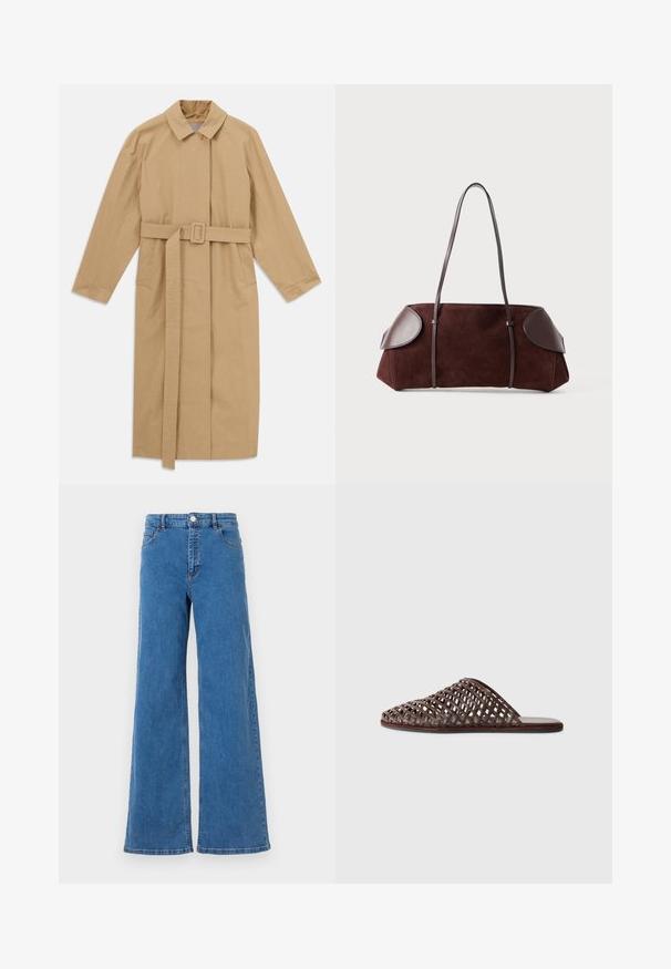 Abrigo largo beige con amplio cuello, mangas largas, cinturón con hebilla en la cintura y bolsillos laterales, dispuesto sobre un fondo blanco.; Camisa blanca de manga larga con cuello abotonado, textura suave, corte recto y tapeta oculta. Tejido ligero y suave sin patrones.; Jeans de mezclilla azul de pierna ancha con una cintura alta, bolsillos frontales y cierre de botón. La tela tiene una textura suave y un patrón de costura clásico.; Sandalia de dedo trenzada marrón con punta redonda, diseño abierto, suela plana y superficie texturizada. Material ligero y silueta minimalista.; Bolsa de ante marrón con acentos de cuero, forma estructurada, doble strap para el hombro y bordes redondeados, con una textura suave y hardware minimal.