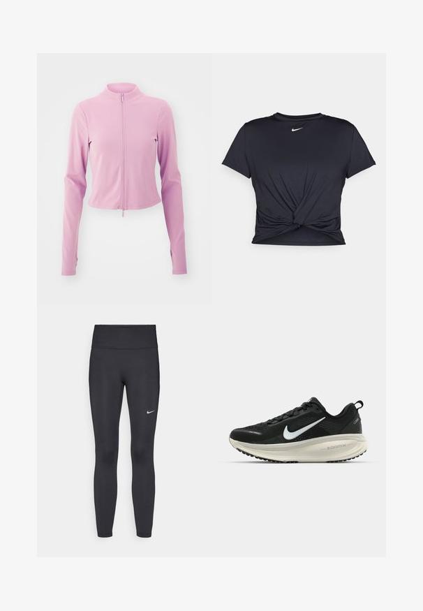 Svijetlopinkani skraćeni jakna s dugim rukavima, visokim ovratnikom i prednjim patentnim zatvaračem. Izrađena od glatkog, rastezljivog materijala. Jednostavan dizajn bez uzoraka.; Crni trenirac s kratkim rukavima izrađen od glatkog materijala, s čvorastim dizajnom sprijeda i malim bijelim Nike logotipom na prsima.; Crne tajice izrađene od rastezljivog materijala, s visokim strukom i bijelim Nike logotipom na lijevom bedru. Glatka tekstura, dizajn koji prati obline.; Crne Nike trkačke tenisice s prozračnom mrežastom gornjom konstrukcijom, bijelim swoosh logotipom, teksturiranim detaljima i kremastom ZoomX srednjom potplatnom jedinicom.