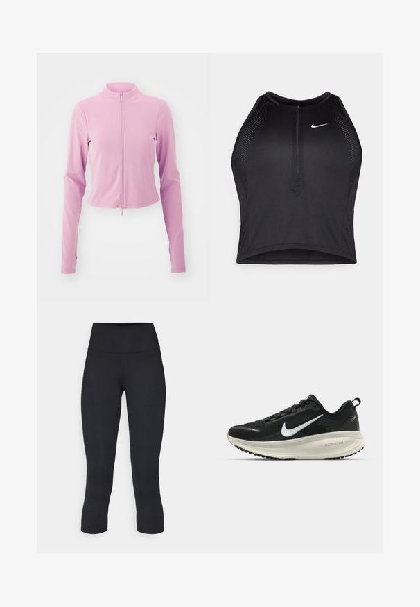 Hellrosa, cropped Jacke mit langen Ärmeln, hohem Kragen und vorderem Reißverschluss. Hergestellt aus einem glatten, dehnbaren Stoff. Einfaches Design ohne Muster.; Schwarzes sportliches Crop-Top mit Reißverschluss vorne, Netz-Akzenten und figurnaher Passform. Hergestellt aus dehnbarem, atmungsaktivem Material. Nike-Logo auf der Vorderseite.; Schwarze, cropped Leggings aus dehnbarem Material, mit einem hohen Bund und glatter Textur, ohne sichtbare Muster oder Hardware.; Schwarzer Nike-Laufschuh mit atmungsaktivem Mesh-Obermaterial, weißem Swoosh-Logo, strukturierten Details und einer cremefarbenen ZoomX-Zwischensohle.