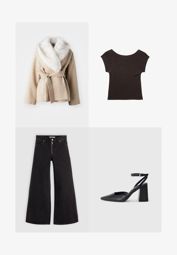 Beige wrap-viitta, joka on valmistettu pehmeästä kankaasta, jossa on suuri tekoturkis-kaarroke, pitkät hihat ja sidottava vyö. Suojee pintakuvasta, yksinkertainen muotoilu.; Tummanruskea lyhythihainen toppi, jossa on leveä ja pyöreä pääntie. Valmistettu pehmeästä ja sileästä kankaasta, ja se on istuva malli. Ei näkyviä kuvioita eikä koristeita.; Mustat leveälahkeiset farkut, joissa on vetoketjufrunti, viisi-taskuinen muotoilu ja hienovaraiset ompelusyyt. Sileä pinta ja rento tyyli.; Mustat nahkakengät, joissa on kapea kärki, nilkkaremmi ja paksu korko. Tasainen pinta, tyylikäs muotoilu ja minimalistinen estetiikka.