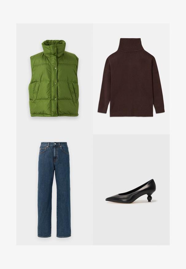 Weekend Max Mara BAIARDO - Daunenjacke - verde; Brauner Strickrollkragenpullover mit hohem, geripptem Kragen, überschnittenen Schultern sowie gerippten Bündchen und Saum. Sanfte Textur mit einem entspannten Schnitt.; Dunkelblaue Jeans aus Denim mit geradem Schnitt. Verfügt über fünf Taschen, dezente Steppdetails und einen Knopfverschluss am Hüftbund.; Schwarze Leder-Pumps mit spitzem Zehenbereich und runder, ballförmiger Ferse. Glatte Textur mit einem eleganten, minimalistischen Design.