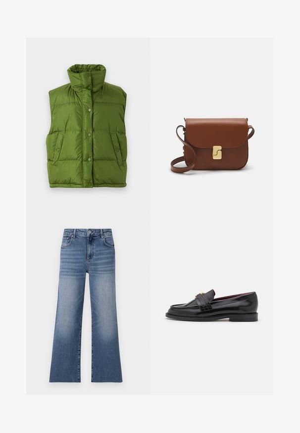 WEEKEND MaxMara BAIARDO - Daunenjacke - verde; Weißes kurzärmliges T-Shirt aus geripptem Stoff. Runder Halsausschnitt, normale Passform und dezente Nähte. Keine Muster oder Grafiken.; Helle blaue Denim-Jeans mit weitem Bein und hoher Taille, ausgestattet mit Fronttaschen, einem Knopfverschluss und einem verwaschenen Muster an den Beinen.; Schwarze Lederloafers mit einem gestickten Muster, glatter Textur, goldenen Schnallendetails und einer runden Zehenform, auf einer niedrigen schwarzen Sohle.; Braune Ledertasche mit Klappenverschluss, Beschlägen in Goldfarbe, einem Schultergurt und einer glatten Oberfläche. Kompakte rechteckige Form.