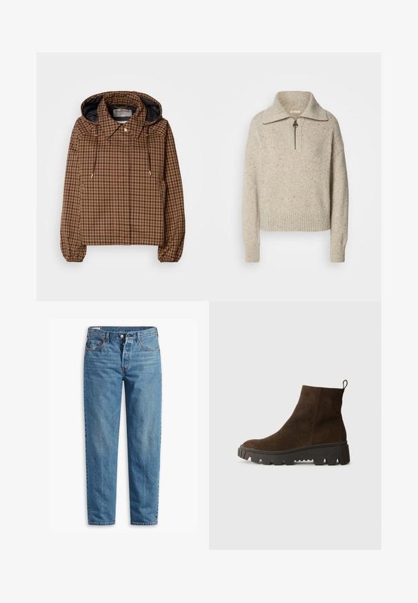 Jachetă ușoară cu carouri maro, cu glugă, manșete elastice și detalii cu șnur, având o căptușeală interioară solidă de culoare închisă.; Pulover bej dintr-un material tricotat, cu guler înalt, închidere cu fermoar și manșete și tiv nervurate. Textura include fire mai închise la culoare pe alocuri.; Jeans din denim albastru cu croi drept, prezentând un fermoar, două buzunare frontale și o decolorare subtilă pe întreaga țesătură.; Botină din suede maro, cu o talpă din cauciuc negru masiv, având un toc ușor și o bandă de prindere în spate pentru a fi ușor de îmbrăcat.