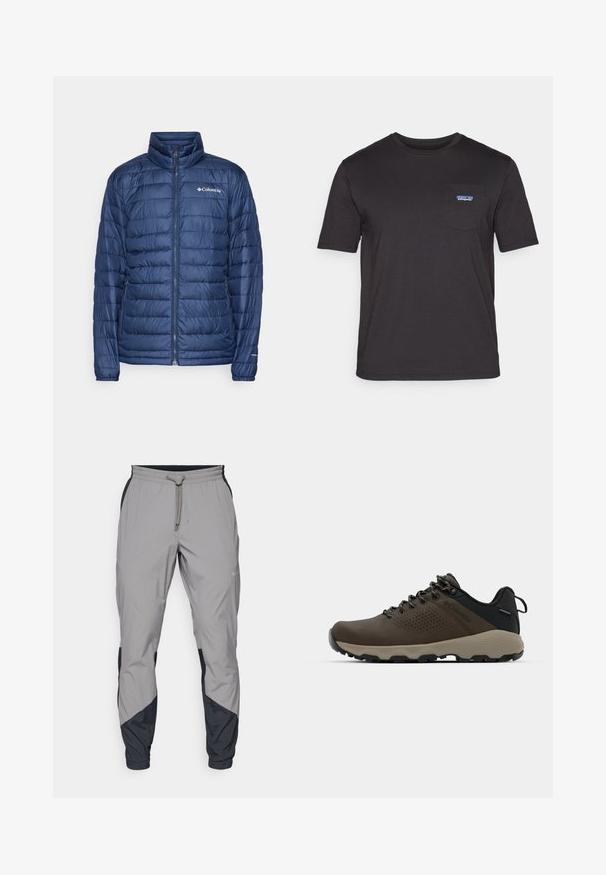 Tamsiai mėlynas pūkinis švarkas su aukštu apykakle, horizontaliais siuvinėjimais, užtrauktuku ir Columbia logotipu kairėje krūtinės pusėje.; Juodas trumpo rankovės marškinėliai, pagaminti iš medvilnės, su krūtinės kišene ir mėlynu Patagonia logotipu kairėje pusėje.; Lengvas, pilkos sportinės kelnės su juodais akcentais. Elastingas juosmuo, raišteliu užsegimas, siaurėjantis kojų dizainas ir šoninės kišenės.; Rudi nepralaidūs sportbačiai su tekstūruota viršutine dalimi, perforuotomis detalėmis, juodu kulno palaikymu ir pilku guminio padu. Šniūreliai yra dekoruoti metaliniais galais.