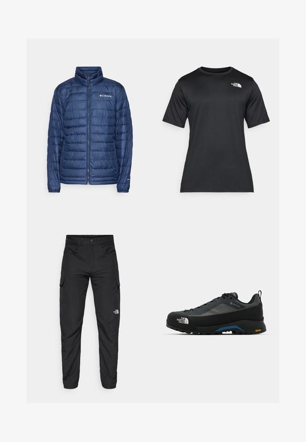 Casaco puffer azul-marinho com gola alta, padrão de acolchoado horizontal, fecho de correr e logótipo da Columbia no lado esquerdo do peito.; Camiseta preta de manga curta feita de um tecido leve e que absorve a umidade. Apresenta um logo branco no lado esquerdo do peito e um decote redondo.; The North Face HORIZON PANT - Calças para exterior - black; The North Face VERTO ALPINE GORE TEX - Sapatos de caminhada - asphalt grey/tnf black