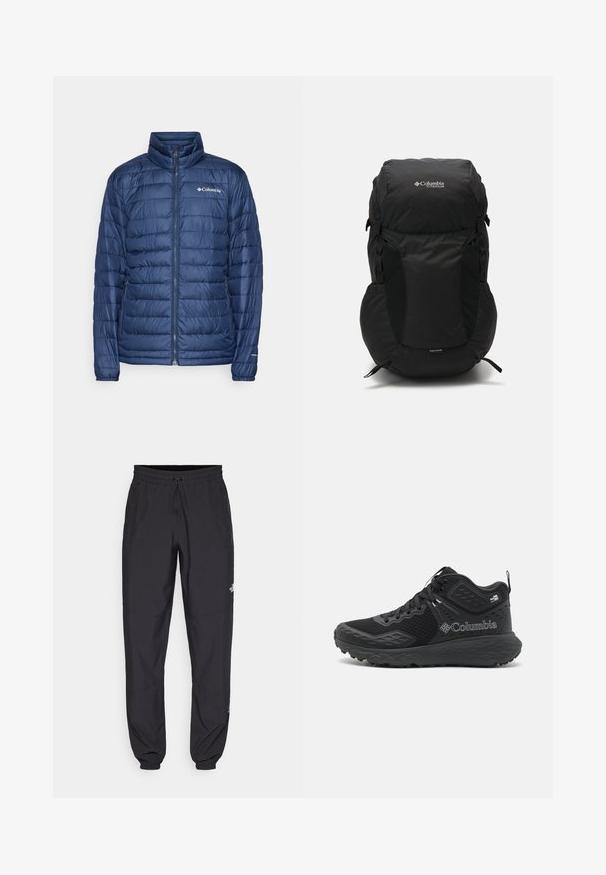 Mörkblå pufferjacka med hög krage, horisontellt quiltat mönster, dragkedjestängning och Columbia-logotyp på vänster bröst.; Svart kortärmad T-shirt i lättviktig tyg. Har en liten vit logotyp på vänster bröst och subtila axeltoner.; Svarta träningsbyxor tillverkade av lättviktsmaterial, med dragsko i midjan, sidofickor och avsmalnande muddar vid anklarna.; Svarta vandringsskor med ett meshnät, texturerade detaljer, en dämpad sula och en framträdande logga. Har ett säkert snörningssystem och dragflik.; Svart ryggsäck med rundad topp, tillverkad av slitstark tyg. Har sidofickor i meshnät och en regnskyddsetikett på botten.