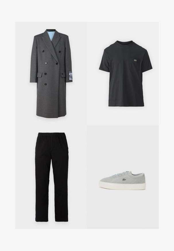 Pelēks dubultkrūšu mētelis, izgatavots no teksturētas auduma, ar melnu pogu, izgrieztiem атvērumiem un zilu iekšējo odere, kurā ir uzlīme uz piedurknes.; Melnas kokvilnas T-krekls ar īsām piedurknēm, apaļu kakla izgriezumu un mazu zaļu logotipu kreisajā krūšu kabatē. Vienkāršs dizains, regulāra piegriezuma.; Melnas bikses no kokvilnas maisījuma auduma, ar taisnu griezumu, elastīgu jostasvietu ar pogu un bez redzamām rakstu vai akcentiem.; Lacoste COURT - Sporta apavi - grey/off white