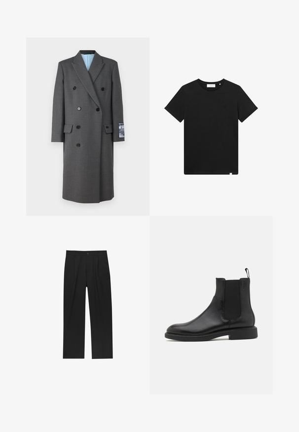 Szürke, dupla kötésű kabát texturált anyagból, fekete gombokkal, hegyes lapokkal és kék bélésrészsel, amelyen folt található az ujjon.; Fekete rövid ujjú pamut póló, kerek nyakkal és egy kis géppel hímzett logóval a mellrészen. Sima tapintás, szabványos illeszkedés.; Fekete nadrág egyenes szárú kialakítással, sima anyagból készült. Elöl redők és egy gombos záródás található a derékon.; Fekete bőr bokacsizma sima felülettel, elasztikus oldalsó panelekkel és egy húzófüllel. Kerek orr és lapos gumi talp minimális bordázattal.