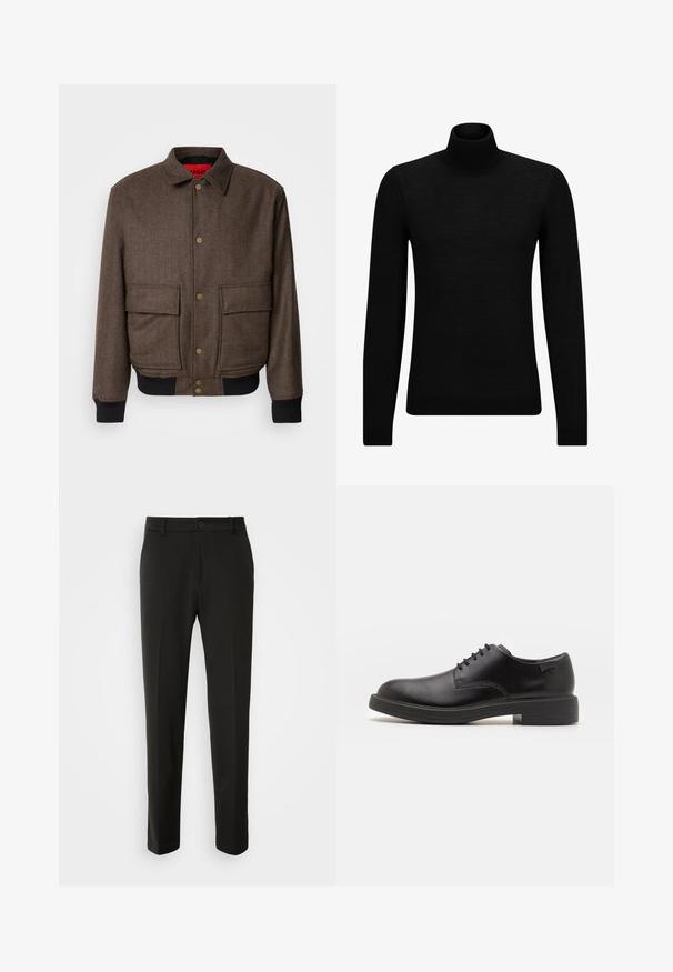Rjava jakna s ribjo kostjo, z gumbom za zapiranje, dvema sprednjima žepoma in rebrastimi manšeti. Podložena z rdečim materialom za dodatno podrobnost.; Črna turtleneck pulover iz mehkega materiala, z dolgimi rokavi in tesnim prileganjem. R ibana obroba na robu in rokavih. Preprosta zasnova.; Črne hlače iz gladkega materiala, s straight nogavicami, z gumbom za zapiranje in klasičnim dizajnom, primerne za formalne ali sproščene priložnosti.; Črne usnjene čipkaste čevlje z zaobljenim nosom, gladko teksturo, minimalnim šitjem in nizkim gumijastim peto. Logo na peti.