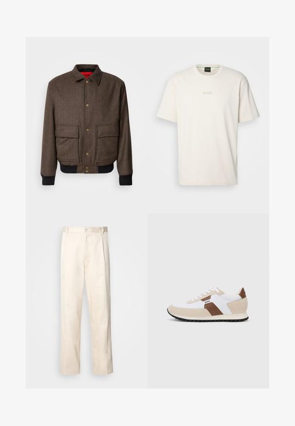 Barna halszálkás zakó gombos záródással, két elülső zsebbel és bordázott mandzsettával. Bordó béléssel a részletgazdagság érdekében.; BOSS TEE - Basic póló - open white; Beige pamut nadrág egyenes szárú kivágással, gombos záródással és elülső redőkkel a részletek fokozása érdekében.; Fehér hálós anyag és bézs velúr keverékével készült sportcipők, barna bőr díszítéssel. Lekerekített orr, lapos gumitalp és fűzős kivitel.