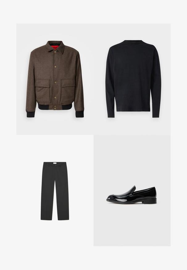 Brauner Fischgrätenjacke mit Knopfverschluss, zwei Fronttaschen und gerippten Bündchen. Gefüttert mit rotem Stoff für zusätzliche Details.; Schwarzes Langarmshirt aus weichem Stoff. Es hat einen Rundhalsausschnitt und überschnittene Schultern. Glatte Textur ohne sichtbare Muster.; Schwarze Hose aus leichtem Stoff. Sie hat ein gerades Bein, eine flache Vorderseite, seitliche Taschen und einen dezenten Bund.; Schwarze Lackleder-Loafer mit runder Spitze, schlupffreundlichem Design, dezenten Nähakzenten und niedrigem Absatz. Strapazierfähige Gummisohle.