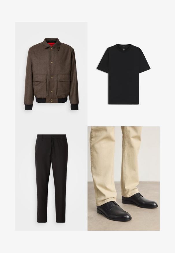 Brun høringsmønstret jakke med knaplukning, to forlommer og ribbede mansjetter. Forestillet med rødt stof for ekstra detalje.; Sort kortærmet T-shirt lavet af en glat bomuldsblanding, med en rund halsudskæring og et minimalistisk design uden mønstre eller accenter.; Sorte joggebukser lavet af glat stof. Har en elastisk talje med snor, tætsiddende ben og ingen synlige lommer. Enkel design.; Sorte læder snørebåndssko med rund tå, glat finish og diskrete syninger, båret med lyse beige bukser.