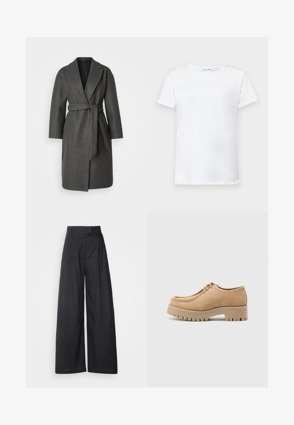 Vero Moda Petite VMFORTUNE ciemnoszary melanż; Biała koszulka z krótkim rękawem, wykonana z bawełny, z okrągłym dekoltem. Gładka tekstura i prosty krój, bez wzorów czy akcentów.; Czarne, szerokie spodnie z szerokim paskiem i zakładkami. Wykonane z lekkiego materiału, o gładkiej fakturze i bez widocznych wzorów.; Beżowy zamszowy but z zaokrąglonym noskiem, sznurowany design oraz gruba, teksturowana gumowa podeszwa z głębokimi rowkami dla lepszej przyczepności.