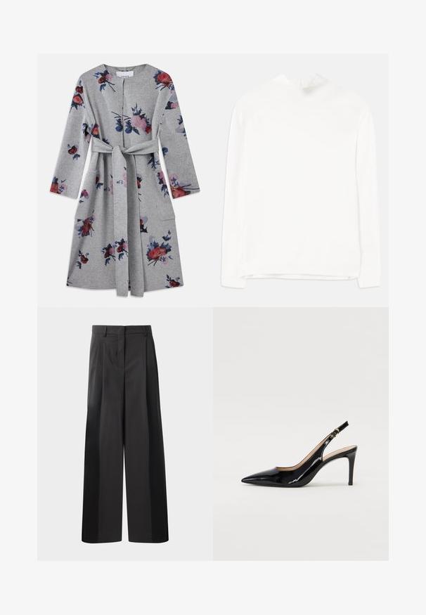 Siv plašč z dolgimi rokavi in pasom, s cvetličnim vzorcem v rožnati, rdeči in modri barvi ter z obližnimi žepi na obeh straneh.; Bela dolgimi rokavi srajca z visokim ovratnikom, rebrasto teksturo in ravnim krojem. Tkanina je videti mehka in gladka, brez vidnih vzorcev.; Črne široke hlače z visokim pasom, z oblikovanimi pregibi spredaj, gladko teksturo in natančno dodelavo. Oblikovane za sproščen fit.; Črne lakirane slingback čevlje z izostrenim nosom, ozkim peto in subtilnim izrezom. Na traku je zlata sponka.