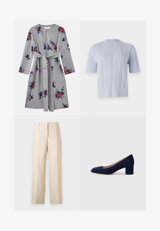 Szürke, hosszú ujjú, övvel ellátott kabát, rózsaszín, vörös és kék virágmintákkal, oldalt zsebekkel.; Világoskék, rövid ujjú kötött felső, függőleges bordázott textúrával és kerek nyakkivágással. Az anyag finom részletezéssel rendelkezik, és váltott szegéllyel zárul.; Beige len vászonnadrág laza fazonnal, plisszírozott elülső résszel és egyenes lábakkal. Jellemzője a derékpánt övhurkokkal és látható zsebek nélkül.; Tengerészkék velúr, hegyes orrú pumpa, középmagas tömbsarkúval. Simítású felület finom fénylő hatással, elöl egy kis kivágással.