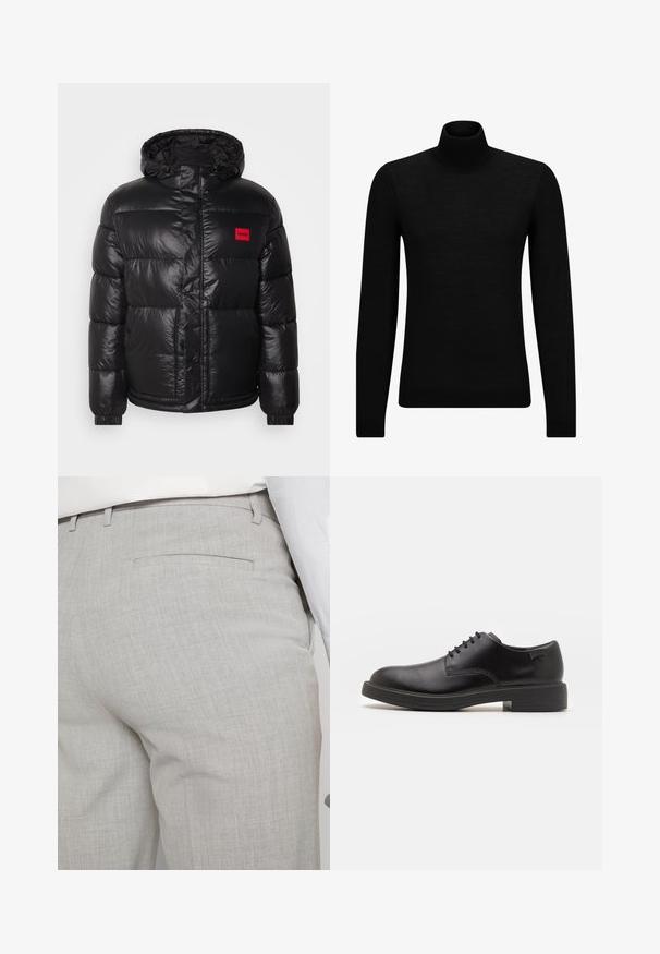 HUGO BARO - Žieminė striukė - black; Juodas aukšto kaklo megztinis, pagamintas iš minkštos medžiagos, su ilgomis rankovėmis ir prigludusia forma. Su raukiniais apačioje ir rankogaliuose. Paprastas dizainas.; Šviesiai pilkos spalvos pritaikytos kelnės iš faktūrinės medžiagos, turinčios vieną užpakalinę kišenę ir tvarkingus siūlus.; Juodas odinis batų modelis su raišteliais, apvaliu nosiu, lygiu paviršiumi, minimaliai siuvinėjimu ir žemu guminėmis pakulne. Ant pakulnės šalia logo.