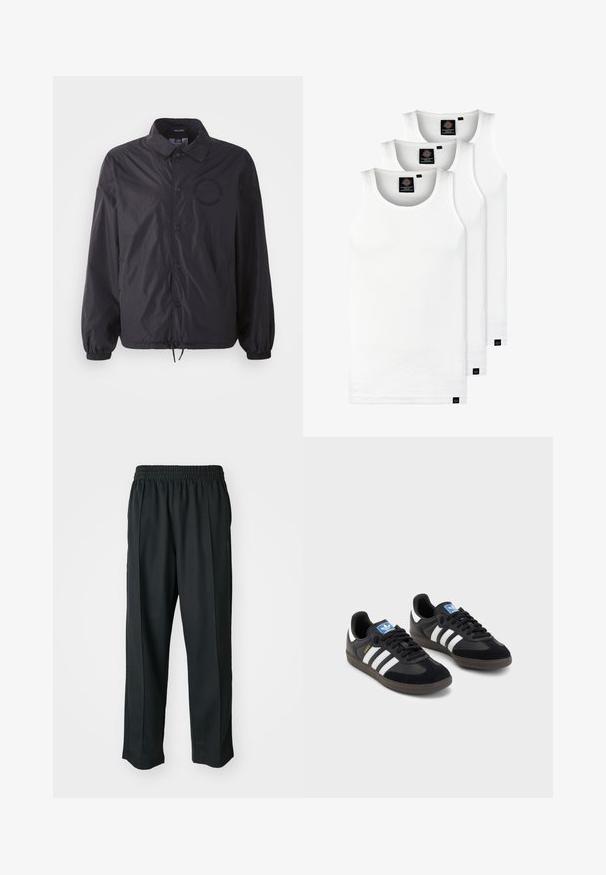 Sort letvægtsjakke med knaplukning foran, elastiske cuffe, snøre i bunden og broderet logo på brystet. Glat, let skinnende stof.; Tre hvide ribbede tanktops lavet af bomuld. Har en rund hals og små sorte mærker nær sømmen. Fås i flere størrelser.; Sorte træningsbukser med elastisk talje, lavet af glat stof, med diskrete sidesyninger og en afslappet pasform, lige ben design.; Sorte sneakers med en overdel i ruskind og syntetisk materiale, med tre hvide striber, struktureret gummisål og en blå logoetiket på tungen.
