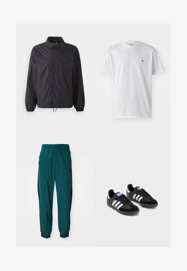 Svart lettvektsjakke med knapplukking i front, elastiske ermer, snøring i hemmet og brodert logo på brystet. Glatt, litt blankt stoff.; Hvit bomull t-skjorte med korte ermer, rund hals, med en liten gulllogo på venstre brystområde. Myk tekstur og vanlig passform.; Teal idrettsbukser med snor i midjen, elastiske mansjetter og svarte striper på siden. Laget av lett materiale, med en logo nær hoften.; Svarte sneakers med overdel i semsket lær og syntetisk materiale, med tre hvite striper, strukturert gummisåle og blå logoetikett på tungen.