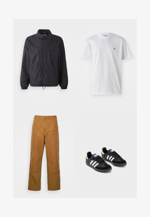 Sort letvægtsjakke med knaplukning foran, elastiske cuffe, snøre i bunden og broderet logo på brystet. Glat, let skinnende stof.; Hvid bomulds t-shirt med korte ærmer, rund hals og et lille guld logo på venstre brystområde. Blød tekstur og almindelig pasform.; Brune bomuldsarbejdsbukser med lige ben-design, der har frontlommer og metalhardware detaljer for ekstra holdbarhed.; Sorte sneakers med en overdel i ruskind og syntetisk materiale, med tre hvide striber, struktureret gummisål og en blå logoetiket på tungen.