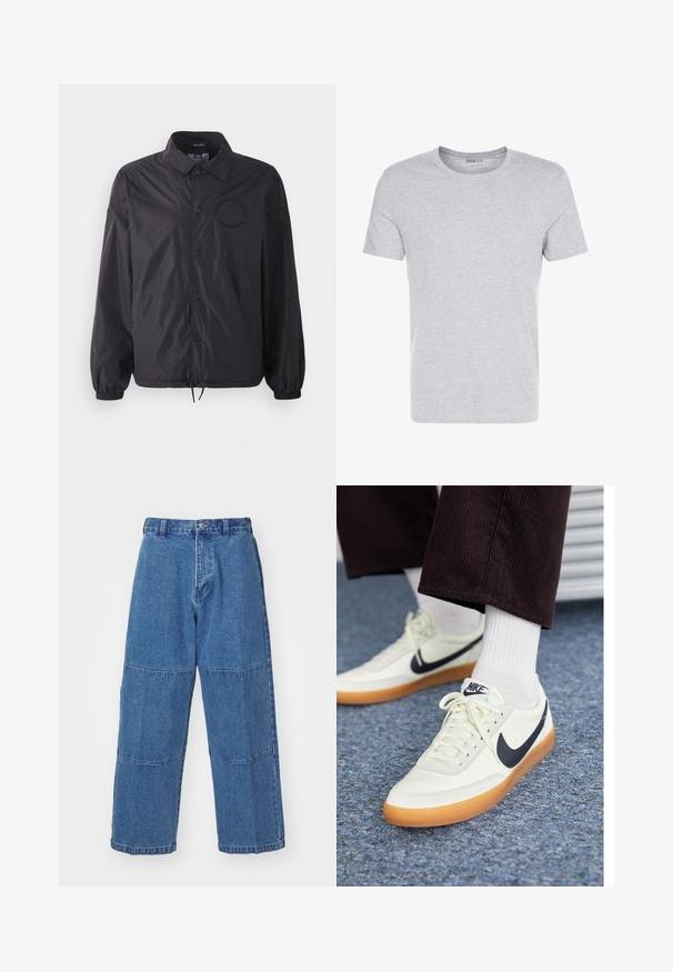 Musta kevytrakenteinen takki, jossa on napitettava etuosa, elastiset hihansuut, kiristettävä helma ja brodeerattu logo rinnassa. Sileä, hieman kiiltävä kangas.; Harmaa puuvillainen t-paita, jossa on pyöreä pääntie, lyhyet hihat ja yksinkertainen muotoilu. Paita on pehmeä ja sileä, eikä siinä ole näkyviä kuvioita tai koristeita.; Vaaleansiniset denimhousut, joissa on rento istuvuus. Housuissa on kaksi erilaista kangaspaneelia, etunappikiinnitys ja leveät lahkeet.; Nike-tennarit valkoisesta nahasta, sinisellä swoosh-logolla, varustettuna kumipohjalla ja valkoisilla nauhoilla, yhdistettynä valkoisiin pituusvartisiin sukkiin ja tummiin cord pantseihin.