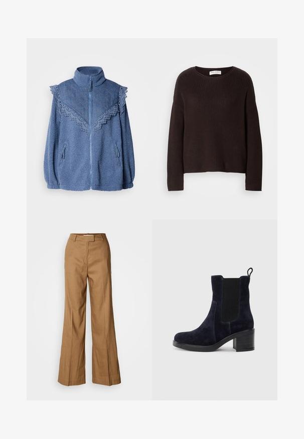 Blå fleecejakke med høy krage, med en kontrasterende quiltet denim yoke og blondekant. Har glidelåslommer på sidene.; Mørk brun strikket genser med rund hals, senkede skuldre og ribbet tekstur gjennom hele. Enkel, avslappet passform.; Brune vide benbukser laget av lett materiale. Har flat front, beltehemper og en skreddersydd silhuett med ankel-lengde.; Mørkeblå skinn ankelsko med elastisk sidepanel, avrundet tå og blokkhelt. Tekstilt stoff og glatt såle gir kontrast.