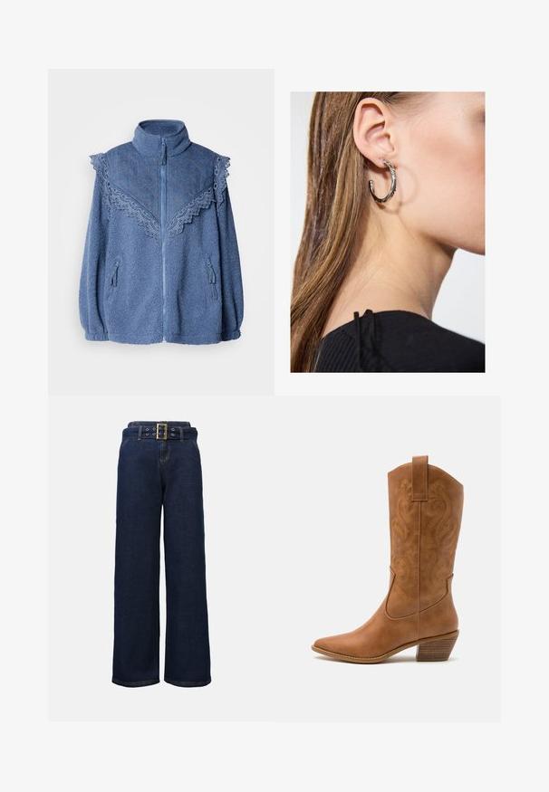 Niebieska polarowa kurtka z wysokim kołnierzem, z kontrastującym pikowanym karczkiem z denimu i koronkowym wykończeniem. Zawiera zamykane na zamek kieszenie po bokach.; Jasnoszary sweter z okrągłym dekoltem, długimi rękawami, ściągaczami na rękawach i lekko skróconym dołem. Posiada subtelne przeszycia z przodu.; Ciemnoniebieskie dżinsowe spodnie szerokie w nogawkach z haftowanymi kieszeniami i pasującym paskiem z dużą prostokątną złotą klamrą.; Brązowe skórzane kowbojki z wyciągniętym nosem, haftowanymi wzorami spiralnymi na cholewie oraz blokowym obcasem. Posiadają pętlę ułatwiającą zakładanie.; Srebrny kolczyk w kształcie koła z polerowanym wykończeniem, z małymi złotymi akcentami, noszony na płatku ucha.