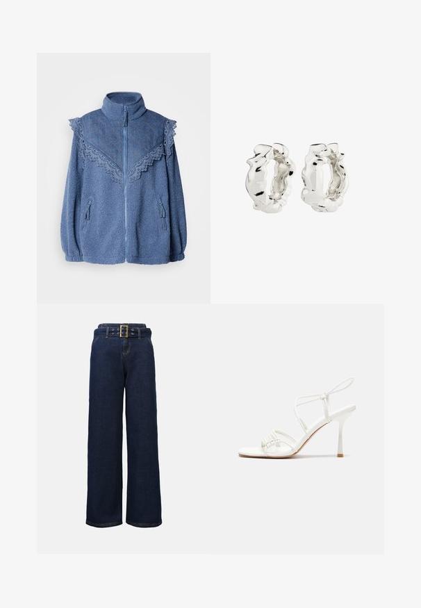 Mėlynas fliso džemperis su aukštu apykakle, turintis kontrastingą siuvinėtą džinsinę petnešą ir nėrinių apdailą. Įrengti užtrauktuku užsegami šoninio kišeniai.; Marškiniai su mygtukais, turintys vertikalius dryžius mėlynos, juodos ir baltos spalvų atspalviuose. Pagaminti iš lygaus audinio, su klasikiniu apykakle ir mygtukų uždarymu.; Tamsiai mėlynos plačios džinsinės kelnės su siuvinėtomis kišenėmis ir suderintu diržu su dideliu stačiakampiu auksiniu sagtimi.; Baltas dirželis su aukštu kulnu sandalai su plokščiu pirštu, tekstūruota priekinė dalis su susiraukšlėjimais ir plonas kulkšnies dirželis.; Sidabrinės auskarų žiedo formos auskarai su tekstūruotu, nereguliariu dizainu. Paviršius yra atspindintis, demonstruojantis kreives ir kontūrus. Vidinė erdvė yra tuščiavidurė.