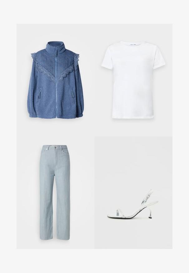Blå fleecejakke med høy krage, med en kontrasterende quiltet denim yoke og blondekant. Har glidelåslommer på sidene.; Hvit kortermet t-skjorte laget av bomull med rund hals-design. Glatt tekstur og rett snitt, uten mønstre eller detaljer.; Lys blå rett ben jeans laget av denim. Har fem lommer, en metallknapplukking og subtil slitasje for tekstur.; Sølv patentlær slingback høyhælt sandal med en smal tårem, justerbar spenne og en slank hæl.