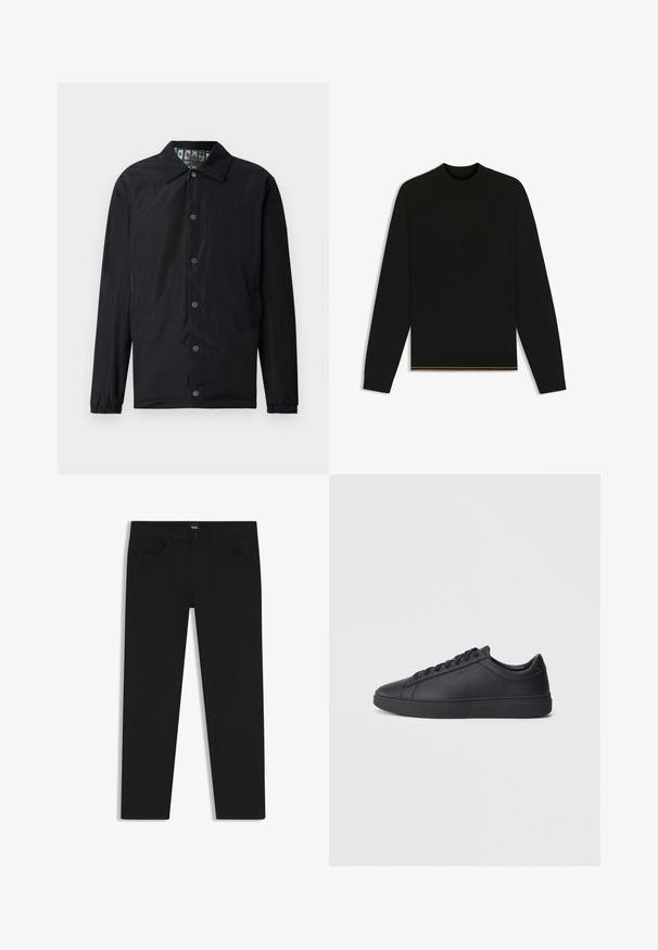 Black lightweight jacket with a collar, front snap buttons, elastic cuffs, and a patterned interior lining. Features embossed logo on front.; Black knit sweater with long sleeves and a high neck. Features a gold accent at the hem. Smooth texture and fitted design.; Black denim trousers with a straight cut, featuring a standard waistband, five pockets, and a button closure. Smooth texture throughout.; Black sneakers made of smooth leather with a low-top design, round toe, and flat rubber sole. Features laces and subtle branding.