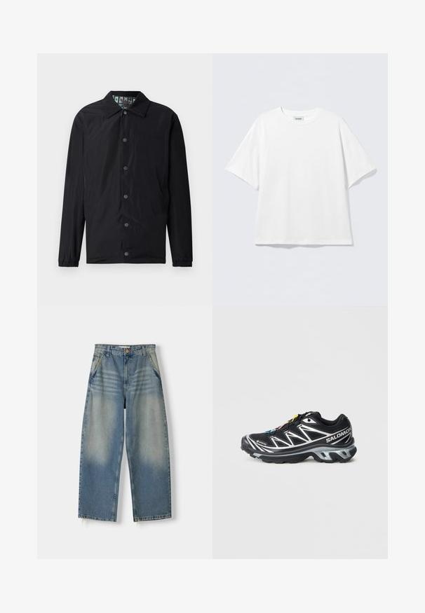 Černá lehká bunda s límcem, předními zapínacími knoflíky na cvočky, elastickými manžetami a vzorovanou vnitřní podšívkou. Na přední straně je reliéfní logo.; Bílé tričko s krátkým rukávem vyrobené z bavlny s kulatým výstřihem a volným střihem. Bez viditelných vzorů nebo zdobení. Jednoduchý design.; Svetle modré denimové kalhoty s širokými nohavicemi a vybledlým povrchem, designem pěti kapes a nezpracovaným lemem. Obsahují přední zapínání na knoflík a zip.; Černá běžecká bota se stříbrnými akcenty, materiál GORE-TEX, strukturovaná podrážka a barevné šňůrky. Má polstrovanou patu pro podporu.