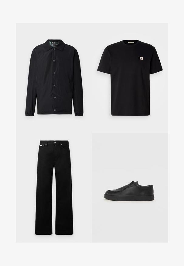 Casaco leve preto com gola, botões de pressão frontais, punhos elásticos e forro interior com padrão. Apresenta logótipo em relevo na parte da frente.; T-shirt de algodão preto com mangas curtas, gola redonda e um pequeno logotipo bordado no lado esquerdo do peito. Textura suave, corte regular.; Calças de ganga pretas com um design de pernas largas, apresentando cinco bolsos e fechos metálicos. Textura suave, sem padrões visíveis.; Sapata slip-on de couro preto com biqueira arredondada, detalhes cosidos e sola de borracha preta. Textura suave com design minimalista.