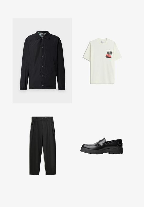 Kevyt musta takki, jossa on kaulus, nappikiinnitys edessä, joustavat hihansuut ja kuvioitu vuori. Edessä kohokuvioitu logo.; Valkoinen lyhythihainen T-paita, jossa on pieni punainen Lightning McQueen -auton grafiikka ja "Lightning McQueen 95" -teksti vasemmalla rinnassa.; Mustat puuvillahousut rentoa mallia, joissa on klassinen vyötärö, etukangastukset ja sivutaskut. Sileä pinta ilman kuvioita.; Musta nahkainen loaferi, jossa on paksu urheilupohja ja koristeellinen hihna yläpääkkeellä, esitettynä vasemman sivuprofiilin kuvassa valkoista taustaa vasten.