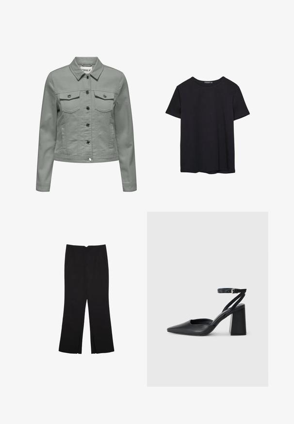 Světle zelená džínová bunda s klasickým límcem, zapínáním na knoflíky vpředu, dvěma kapsami na prsou a akcenty ze stříbrného kovu.; Jednoduché černé bavlněné tričko s krátkým rukávem a kulatým výstřihem, vystavené na bílém pozadí.; Černé kalhoty s rovným střihem, s předními kapsami a bočními rozparky na lemu. Vyrobené z jemné, hladké tkaniny. Vhodné na různé příležitosti.; Černé kožené lodičky se špičatou špičkou, kotníkovým páskem a silným podpatkem. Hladká textura, elegantní design a minimalistická estetika.