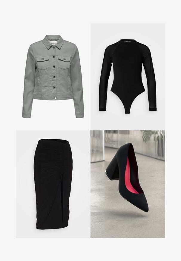 Svijetlozelena traper jakna s klasičnim ovratnikom, prednjim zatvaračem na gumbe, dva džepa na prsima i naglascima od srebrnog metala.; Crni bodi s dugim rukavima i visokim ovratnikom, s čvrstom tkaninom na trupu i prozirnim mrežastim rukavima, dizajniran u uskom kroju.; Crna, nabrana suknja olovka s detaljem vezanja i bočnim prorezom. Izrađena od rastezljivog materijala, s glatkom teksturom i prilagođenim dizajnom.; Crna visoka potpetica s oštrim vrhom, teksturiranom površinom i živopisnom ružičastom unutrašnjošću. Ima masivnu potpeticu s srebrnim detaljem.