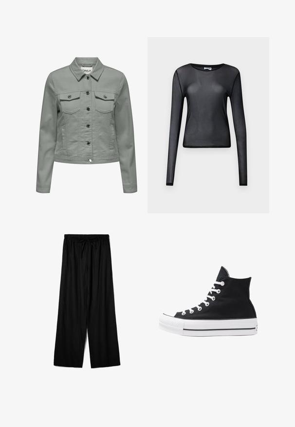 Világoszöld farmerdzseki klasszikus gallérral, elöl gombos zárással, két mellzsebbel és ezüstszínű részletekkel.; Fekete, hosszú ujjú blúz áttetsző anyagból, kerek nyakkivágással és szűk szabással, finoman szegélyezett széllel.; Fekete, bő szárú nadrág könnyű anyagból, rugalmas derékkal és állítható zsinóros megoldással az optimális illeszkedés érdekében. Simára csiszolt textúra.; Fekete vászon magas szárú sneaker, fehér fűzőkkel és gumitalppal. Texturált orr-rész és fekete-fehér csíkos kiegészítők jellemzik.