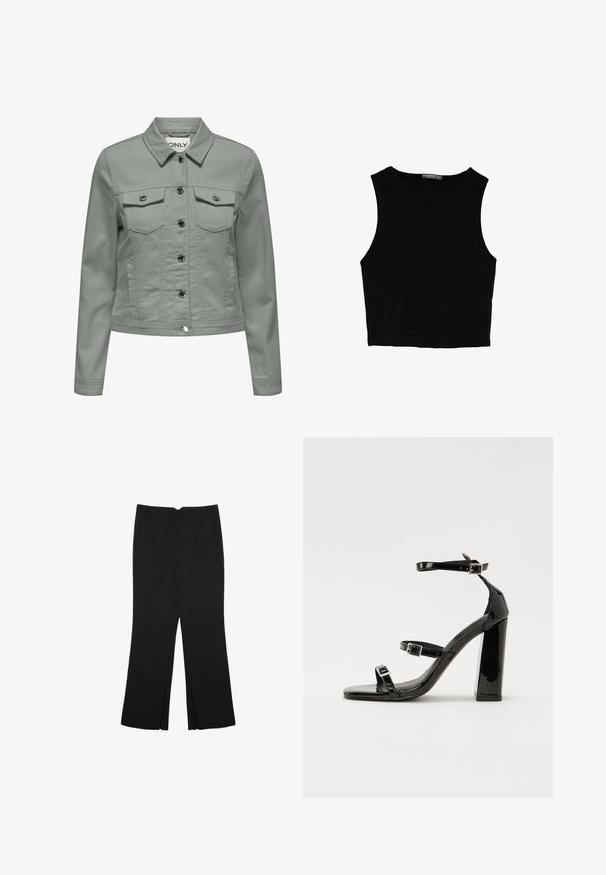 Svetlozelená džínsová bunda s klasickým golierom, zapínaním na prednej strane na gombíky, dvoma náprsníkovými vreckami a striebornými kovovými doplnkami.; Čierny bezrukávový crop top vyrobený z hladkej tkaniny, so zaobleným výstrihom a čistým, jednoduchým dizajnom bez vzorov alebo kovania.; Čierne nohavice so strihom rovného strihu, s prednými vreckami a bočnými rozparkami na leme. Vyrobené z mäkkej, hladkej tkaniny. Vhodné na rôzne príležitosti.; Čierne lakované sandále na podpätku so štvorcovou špičkou, navlečenými remienkami okolo členku a striebornými prackami. Disponujú masívnym blokovým podpätkom pre stabilitu.