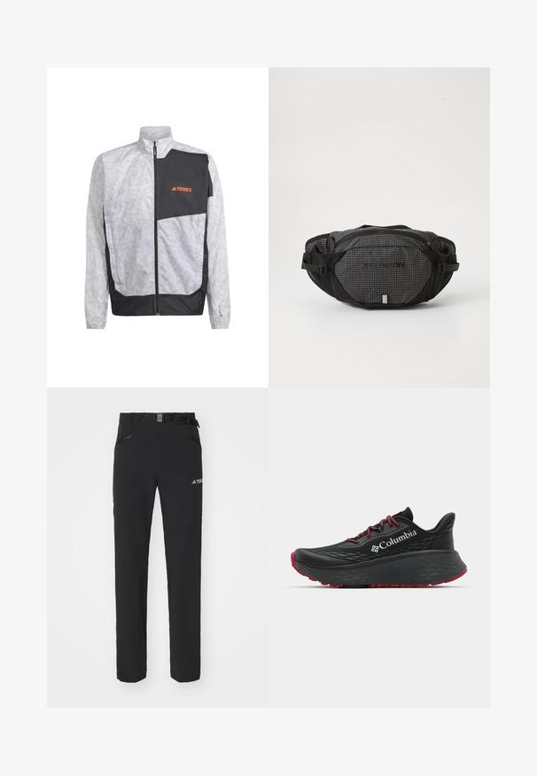 Lekki wiatrówka w kolorze białym z szarymi paskami i czarną wstawką. Posiada wysoki kołnierz i zamek z przodu. Logo w kolorze pomarańczowym.; The North Face GLACIER jasnoszary; Czarne spodnie na zewnątrz z gładkiego materiału, boczne kieszenie na zamek, wzmocnione partie na kolanach oraz regulowany pas z klamrą.; Czarny sportowy but z teksturowaną cholewką, czerwonymi sznurówkami i logo. Gruba podeszwa z wzorzystym bieżnikiem dla lepszej przyczepności. Minimalistyczny design, widok z boku.; Czarna i szara nerka w kratkę, z regulowanymi pasekami, dwoma zamykanymi kieszeniami i logo marki z przodu.