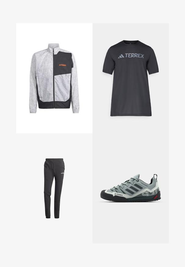 Lehká větruodolná bunda v bílé barvě se šedými pruhy a černým akcentním panelem. Obsahuje vysoký límec a přední zip. Logo v oranžové barvě.; Černé tričko s krátkým rukávem vyrobené z lehkého materiálu, s světle šedým logem "TERREX" přes hruď a kulatým výstřihem.; Černé sportovní kalhoty vyrobené z lehkého materiálu, s elastickým pasem, bočními kapsami, zúženými nohavicemi a detailem s logem.; Šedé lezecké boty s texturovaným svrškem, černým gumovým okrajem na špičce, třemi tmavými pruhy a malou červenou akcentací na podrážce.