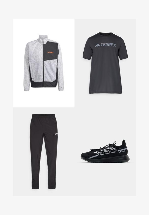 Lichtgewicht windjack in het wit met grijze strepen en een zwart accentpaneel. Voorzien van een hoge kraag en een ritssluiting aan de voorkant. Logo in het oranje.; Zwarte korte mouwen t-shirt van lichtgewicht stof, met een lichtgrijze "TERREX" logo over de borst en een ronde hals.; Zwarte sportbroek met een elastieke tailleband, twee zijzakken met rits en een logo op de bovenkant van het rechterbeen. Soepele, lichte stof.; Zwarte sportieve schoen met een mesh bovenkant, reflecterende accenten, elastische veters en een getextureerde rubberen zool. Beschikt over een gestroomlijnd ontwerp voor optimale prestaties.