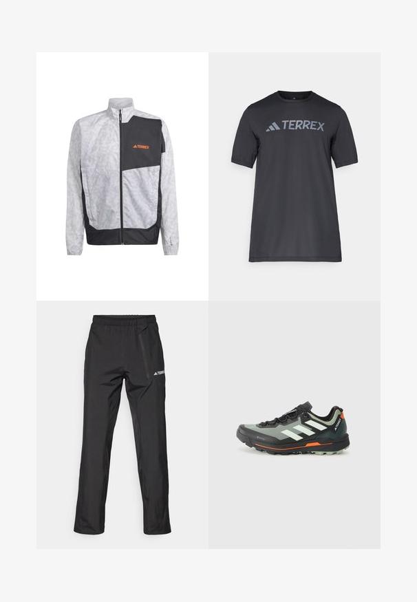 Lekki wiatrówka w kolorze białym z szarymi paskami i czarną wstawką. Posiada wysoki kołnierz i zamek z przodu. Logo w kolorze pomarańczowym.; Czarny t-shirt z krótkim rękawem wykonany z lekkiego materiału, z jasnoszarym logo "TERREX" na piersi oraz okrągłym dekoltem.; Czarne lekkie spodnie outdoorowe z elastycznym pasem, kieszeniami na suwak i nadrukowanym logo. Gładka faktura i prosty krój nogawek.; Wielozadaniowe buty do biegania szlakowego o lekkiej konstrukcji z siateczkową górą w odcieniach szaro-czarnych, pomarańczowymi akcentami i wytrzymałą podeszwą zapewniającą przyczepność. Wodoodporna podszewka Gore-Tex.