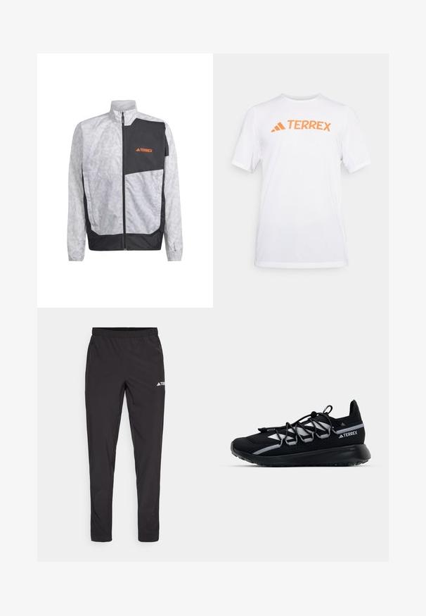 Lehká větruodolná bunda v bílé barvě se šedými pruhy a černým akcentním panelem. Obsahuje vysoký límec a přední zip. Logo v oranžové barvě.; Bílý sportovní tričko s krátkým rukávem vyrobené z prodyšného materiálu, s oranžovým logem "TERREX" přes hruď. Jednoduchý design s čistými liniemi.; Černé sportovní kalhoty s elastickým pasem, dvěma bočními zipovými kapsami a logem na horní pravé noze. Hladká, lehká tkanina.; Černá sportovní bota s síťovinovým svrškem, reflexními akcenty, elastickými tkaničkami a texturovanou gumovou podrážkou. Disponuje elegantním designem pro výkonnost.