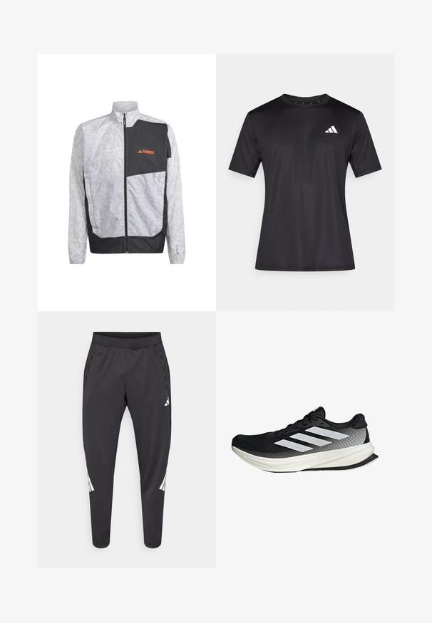 Lekki wiatrówka w kolorze białym z szarymi paskami i czarną wstawką. Posiada wysoki kołnierz i zamek z przodu. Logo w kolorze pomarańczowym.; Czarny sportowy t-shirt wykonany z lekkiej siateczkowej tkaniny, z krótkimi rękawami i białym logo na lewej stronie klatki piersiowej.; Czarne spodnie sportowe o zwężanych nogawkach, z elastycznym pasem, bocznymi kieszeniami oraz białym logo i paskami. Wykonane z gładkiego, lekkiego materiału.; Czarny but sportowy z siateczkowym wzorem, z białymi paskami, zaokrąglonym noskiem i teksturowaną podeszwą dla lepszej przyczepności i wsparcia.