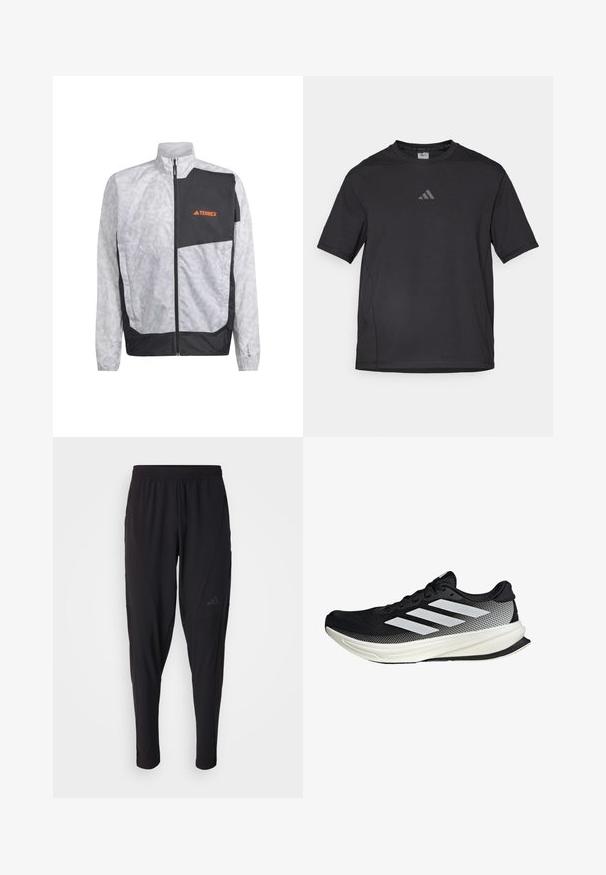 Lekki wiatrówka w kolorze białym z szarymi paskami i czarną wstawką. Posiada wysoki kołnierz i zamek z przodu. Logo w kolorze pomarańczowym.; Czarna sportowa koszulka wykonana z oddychającego materiału, z krótkimi rękawami, okrągłym dekoltem i odblaskowym logo na piersi.; Czarne spodnie sportowe z elastycznym pasem, zwężanym krojem, bocznymi kieszeniami i subtelnym logo. Wykonane z elastycznego, przewiewnego materiału.; Czarny but sportowy z siateczkowym wzorem, z białymi paskami, zaokrąglonym noskiem i teksturowaną podeszwą dla lepszej przyczepności i wsparcia.